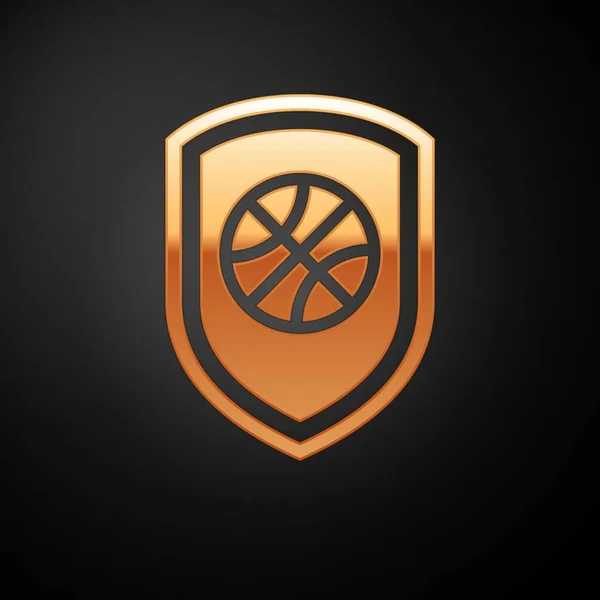 Escudo de ouro na bola de basquete dentro ícone isolado no fundo preto. Ilustração vetorial — Vetor de Stock