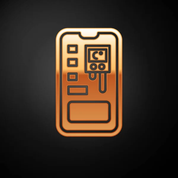 Gold Smart kontroll odlingssystem mobil applikationsikon isolerad på svart bakgrund. Vektor Illustration — Stock vektor