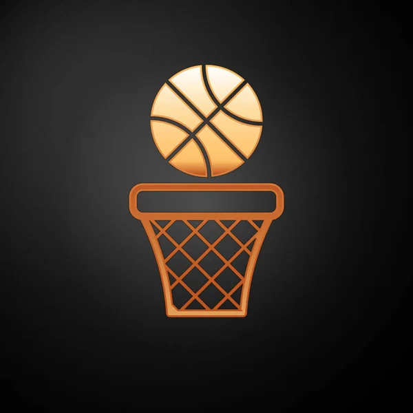 Gold Basketball ball and basket icon isolated on black background. Ball in basketball hoop. Vector Illustration — ストックベクタ