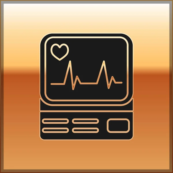 Monitor de ordenador negro con icono de cardiograma aislado sobre fondo dorado. Icono de monitoreo. Monitor ECG con latidos cardíacos dibujados a mano. Ilustración vectorial — Vector de stock