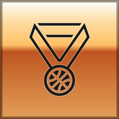 Altın arka planda izole edilmiş kurdele ikonu olan siyah basketbol madalyası. Vektör İllüstrasyonu