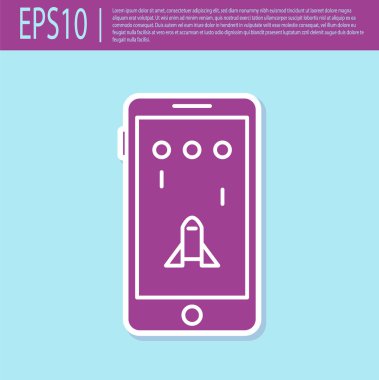 Retro mor Smartphone ve turkuaz arka planda izole edilmiş oyun simgesinde oynanıyor. Mobil oyun konsepti. Vektör İllüstrasyonu