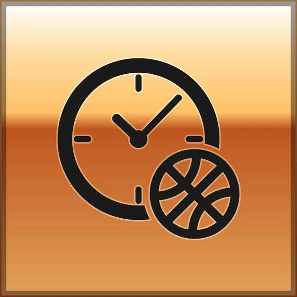 Black Clock with basketball ball inside icon isolated on gold background. Basketball time. Sport and training. Vector Illustration — Stock Vector