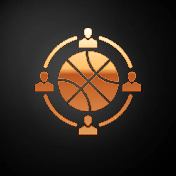 Relógio de ouro com bola de basquete dentro ícone isolado no fundo preto. Hora do basquetebol. Desporto e treino. Ilustração vetorial —  Vetores de Stock