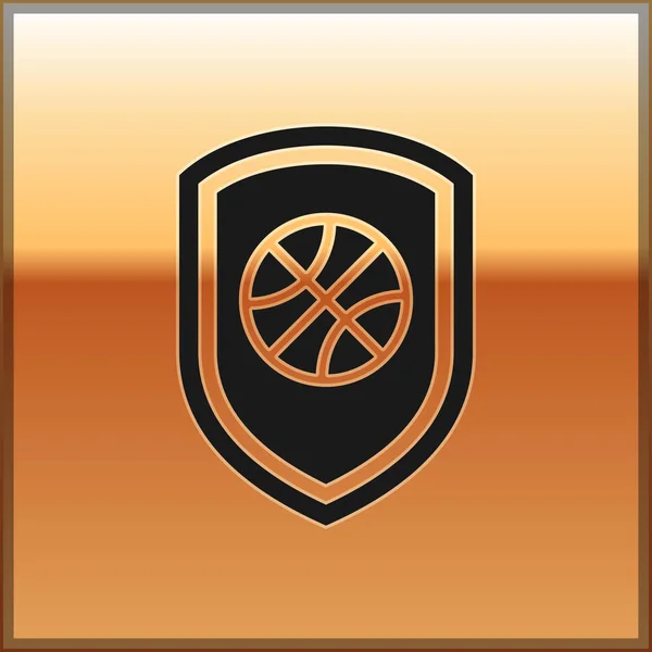 Scudo nero nella palla da basket all'interno icona isolata su sfondo oro. Illustrazione vettoriale — Vettoriale Stock