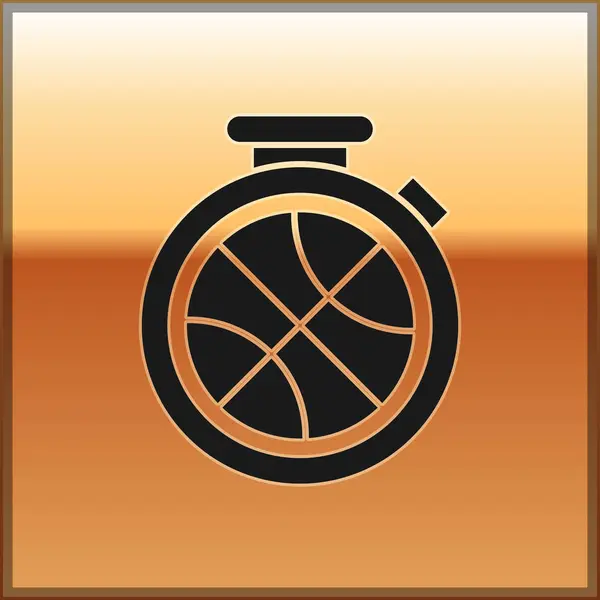 Chronomètre noir avec ballon de basket à l'intérieur icône isolée sur fond or. C'est l'heure du basket. Sport et entraînement. Illustration vectorielle — Image vectorielle