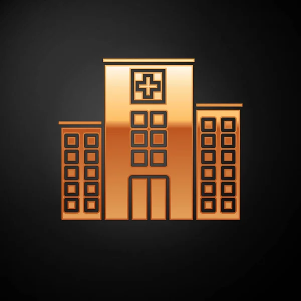 Gold Medical hospital building with cross icon isolated on black background. Medical center. Health care. Vector Illustration