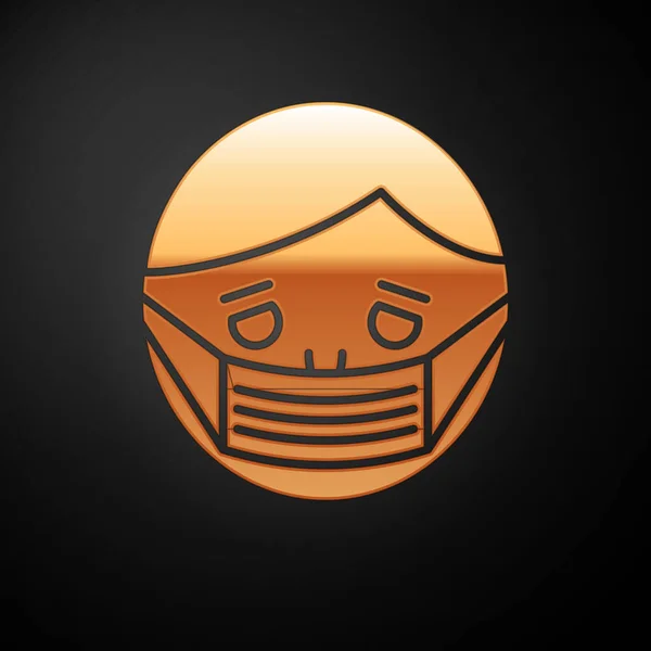 Gold Man visage dans une icône de masque de protection médicale isolé sur fond noir. En quarantaine. Illustration vectorielle — Image vectorielle