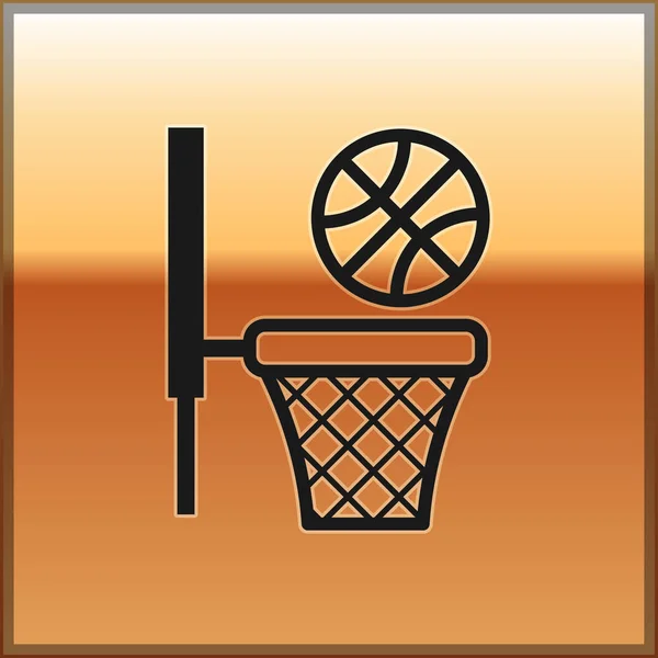 Svart basket boll och korg ikon isolerad på guld bakgrund. Bollen i basketkorgen. Vektor Illustration — Stock vektor