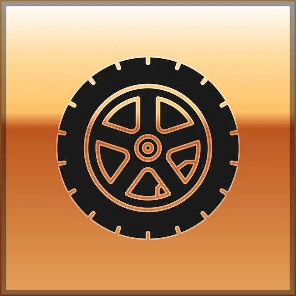 Icono de rueda de coche negro aislado sobre fondo dorado. Ilustración vectorial — Vector de stock