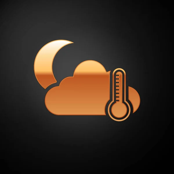 Termómetro dorado y nube con icono lunar aislado sobre fondo negro. Ilustración vectorial — Archivo Imágenes Vectoriales