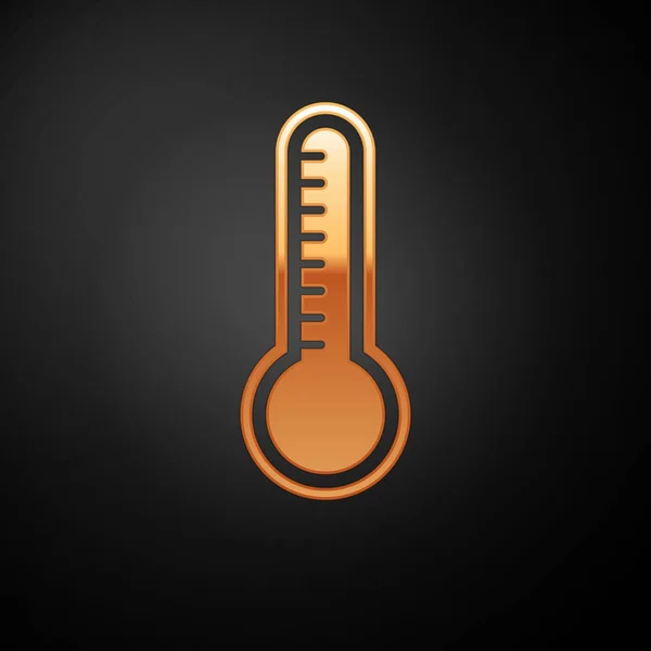 Termómetro Gold Meteorology que mide el calor y el icono frío aislado sobre fondo negro. Equipo de termómetro que muestra clima caliente o frío. Ilustración vectorial — Vector de stock