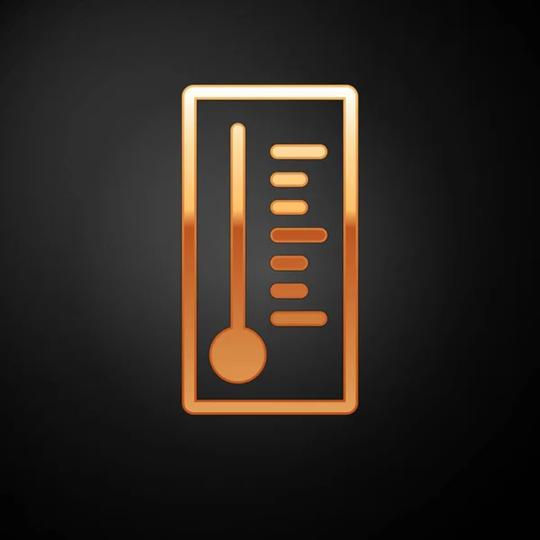 Złoty termometr meteorologiczny mierzący ciepło i zimną ikonę izolowany na czarnym tle. Urządzenia termometryczne pokazujące gorącą lub zimną pogodę. Ilustracja wektora — Wektor stockowy