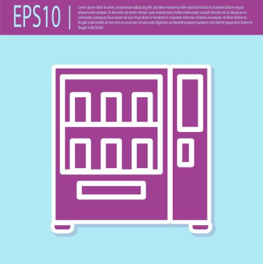 Retro mor yiyecek ve içecek otomatiği otomatikman turkuaz arka planda izole edilmiş ikon satıyor. Vektör İllüstrasyonu