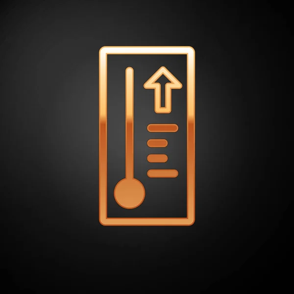 Goldmeteorologie-Thermometer, das Hitze und Kälte misst, isoliert auf schwarzem Hintergrund. Thermometerausrüstung, die heißes oder kaltes Wetter zeigt. Vektorillustration — Stockvektor