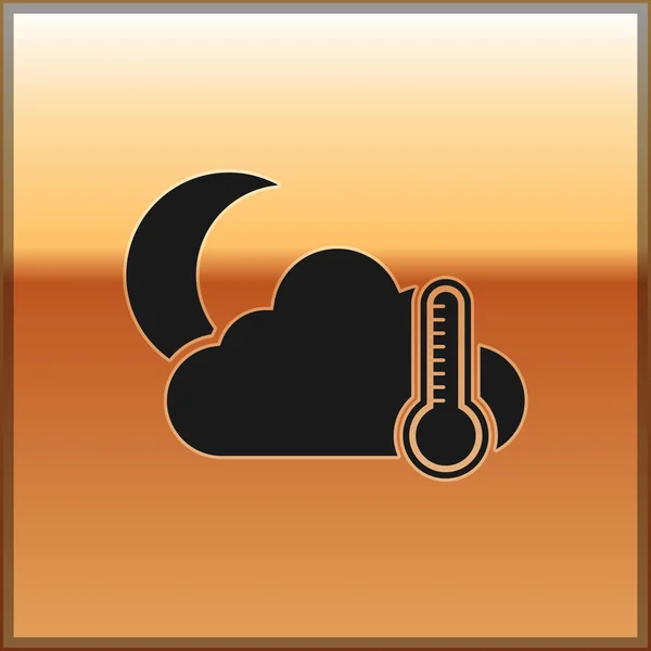 Zwarte thermometer en wolk met maan pictogram geïsoleerd op gouden achtergrond. Vector Illustratie — Stockvector