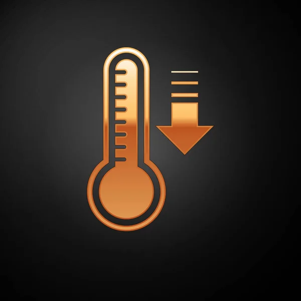 Guld Meteorologi termometer mäta värme och kall ikon isolerad på svart bakgrund. Termometerutrustning som visar varmt eller kallt väder. Vektor Illustration — Stock vektor