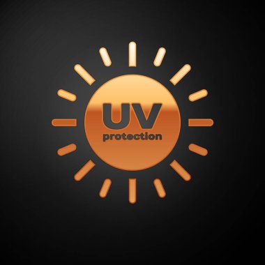 Siyah arka planda izole edilmiş Altın Uv koruma simgesi. Ultraviyole ışınları radyasyon. Spf güneş işareti. Vektör İllüstrasyonu