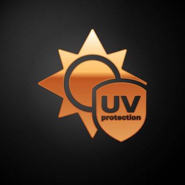 Siyah arka planda izole edilmiş Altın Uv koruma simgesi. Güneş ve kalkan. Ultraviyole ışınları radyasyon. Spf güneş işareti. Vektör İllüstrasyonu
