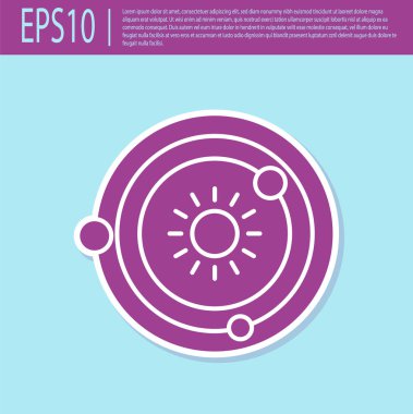 Retro mor güneş sistemi simgesi turkuaz arka planda izole edildi. Gezegenler yıldızın etrafında dönerler. Vektör İllüstrasyonu