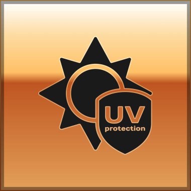 Siyah Uv koruma simgesi üzerinde altın arka plan izole. Güneş ve kalkan. Ultra mor ışınları radyasyon. SPF Paz Üye. Vektör çizim