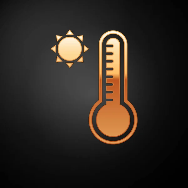 Termômetro de meteorologia dourada medindo calor e ícone frio isolado em fundo preto. Equipamento termômetro mostrando clima quente ou frio. Ilustração vetorial — Vetor de Stock