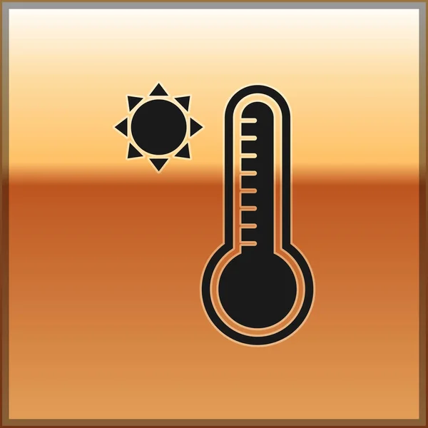 黑色气象学温度计测量在金色背景上隔离的冷热图标。 显示炎热或寒冷天气的温度计设备。 病媒图解 — 图库矢量图片