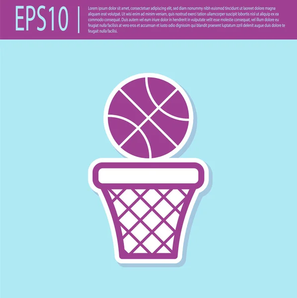 Retro purple Basketball ball and basket icon isolated on turquoise background. Ball in basketball hoop. Vector Illustration