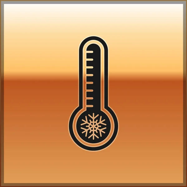 Zwarte Meteorologie thermometer meten warmte en koude pictogram geïsoleerd op gouden achtergrond. Thermometer apparatuur toont warm of koud weer. Vector Illustratie — Stockvector