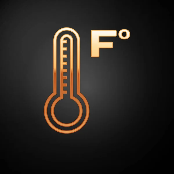 Termômetro de meteorologia dourada medindo calor e ícone frio isolado em fundo preto. Temperatura Fahrenheit. Ilustração vetorial —  Vetores de Stock
