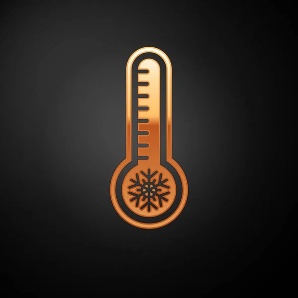검은 색 배경에 분리 된 열 과차가운 아이콘을 측정하는 금 기상 온도계. 온도계는 덥거나 추운 날씨를 보여 줍니다. 벡터 일러스트 — 스톡 벡터