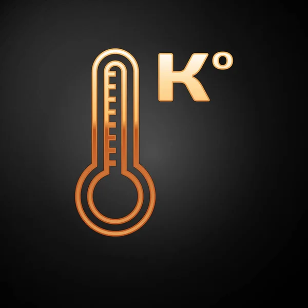 Termômetro de meteorologia dourada medindo calor e ícone frio isolado em fundo preto. Temperatura Kelvin. Ilustração vetorial — Vetor de Stock