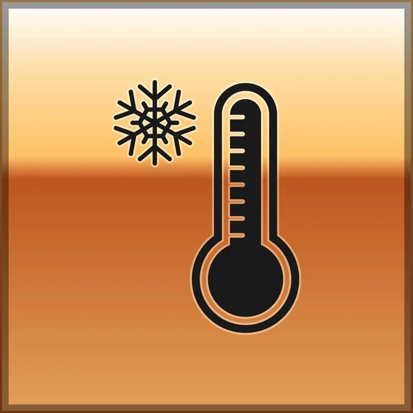 Zwarte Meteorologie thermometer meten warmte en koude pictogram geïsoleerd op gouden achtergrond. Thermometer apparatuur toont warm of koud weer. Vector Illustratie — Stockvector