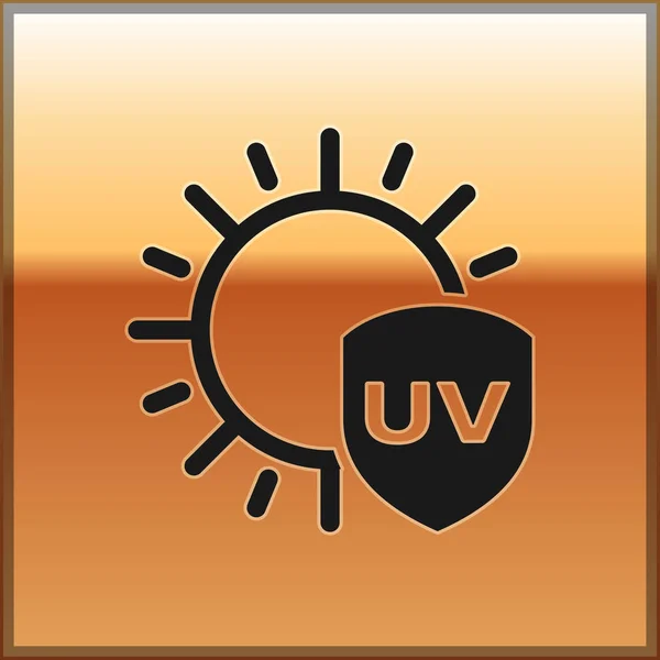 Icona di protezione UV nera isolata su sfondo oro. Sole e scudo. Radiazioni ultraviolette. Segno solare SPF. Illustrazione vettoriale — Vettoriale Stock