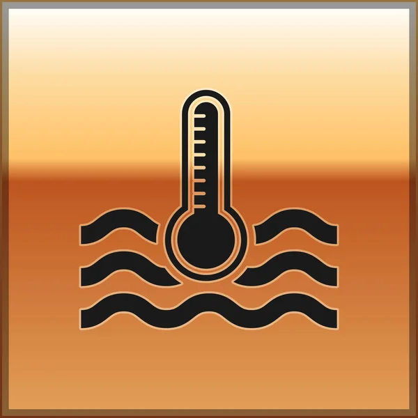 Черная вода термометр измерения тепла и холода значок изолирован на золотом фоне. Термометр показывает жаркую или холодную погоду. Векторная миграция — стоковый вектор