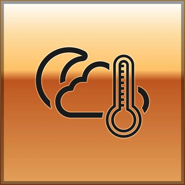 Schwarzes Thermometer und Wolke mit Mondsymbol auf goldenem Hintergrund. Vektorillustration — Stockvektor