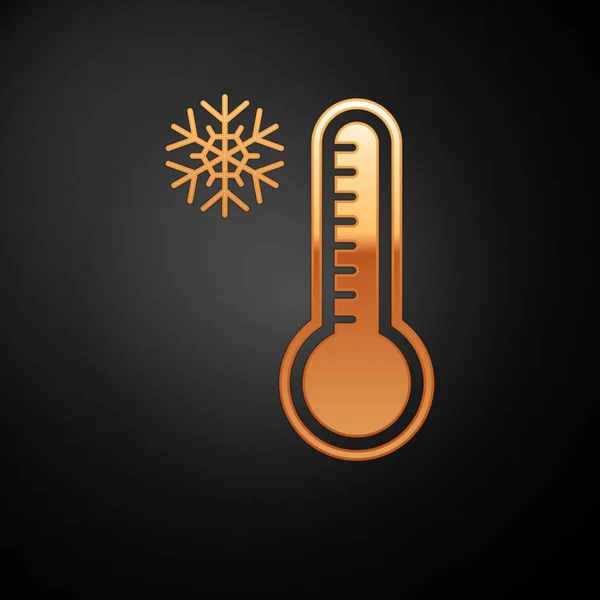 Termômetro de meteorologia dourada medindo calor e ícone frio isolado em fundo preto. Equipamento termômetro mostrando clima quente ou frio. Ilustração vetorial —  Vetores de Stock