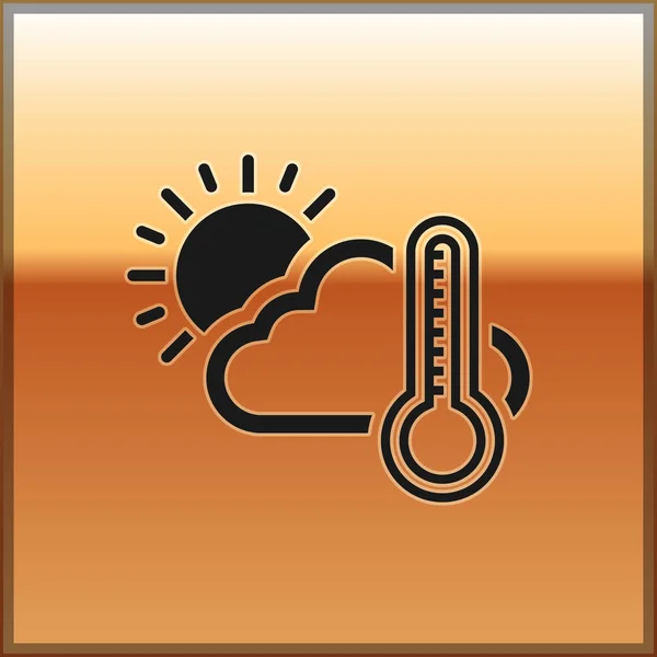 Svart termometer och moln med sol ikon isolerad på guld bakgrund. Vektor Illustration — Stock vektor