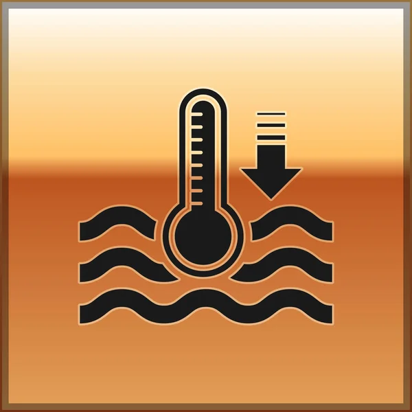 ブラックウォーター温度計は、金の背景に隔離された熱と冷たいアイコンを測定します。高温または低温を示す温度計機器。ベクターイラスト — ストックベクタ