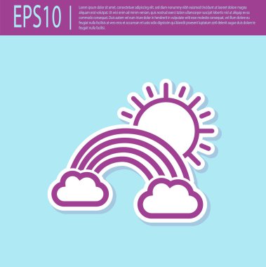 Bulutlu, mor gökkuşağı ve turkuaz arka planda izole edilmiş güneş ikonu. Vektör İllüstrasyonu