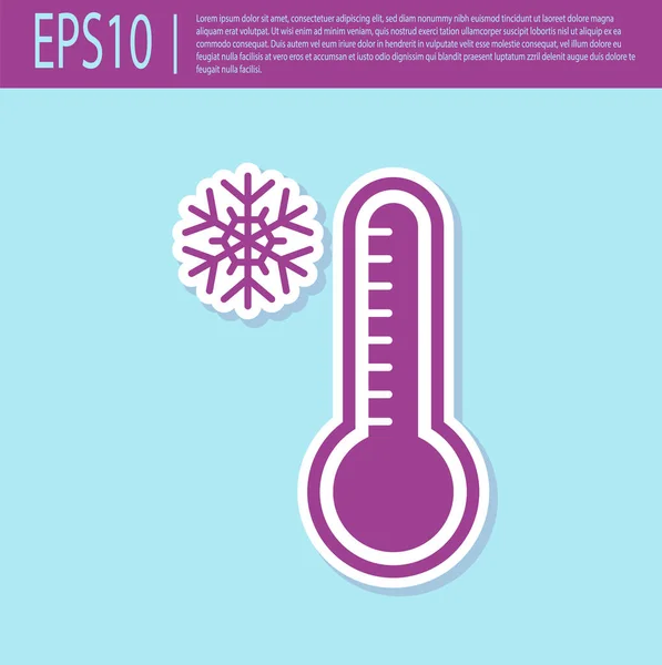 Termômetro de meteorologia roxo retro medindo calor e ícone frio isolado em fundo turquesa. Equipamento termômetro mostrando clima quente ou frio. Ilustração vetorial —  Vetores de Stock