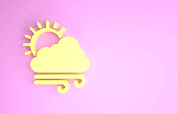 Gelbes Wettersymbol isoliert auf rosa Hintergrund. Wolken mit Sonne und Wind. Minimalismus-Konzept. 3D Illustration 3D Renderer — Stockfoto