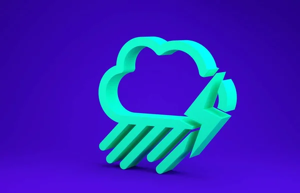 Nuvola verde con pioggia e icona fulmine isolato su sfondo blu. Pioggia precipitazioni nuvolose con gocce di pioggia.Meteo icona della tempesta. Concetto minimalista. Illustrazione 3d rendering 3D — Foto Stock