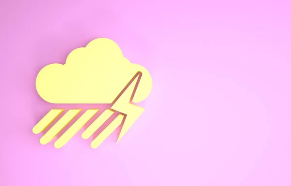 ピンクの背景に雨と雷のアイコンが隔離された黄色の雲。雨滴と雨の雲の降水量。嵐の天気アイコン。最小限の概念。3Dイラスト3Dレンダリング — ストック写真