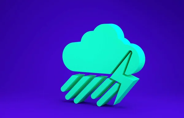 Grüne Wolke mit Regen und Blitz-Symbol auf blauem Hintergrund. Regenwolken Niederschlag mit Regentropfen. Wettersymbol des Sturms. Minimalismus-Konzept. 3D Illustration 3D Renderer — Stockfoto