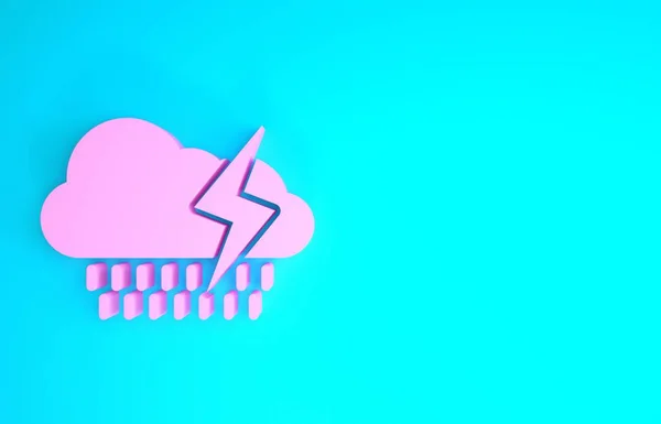 Pink Cloud with rain and lightning icon isolated on blue background. Rain cloud precipitation with rain drops.Weather icon of storm. Minimalism concept. 3d illustration 3D render