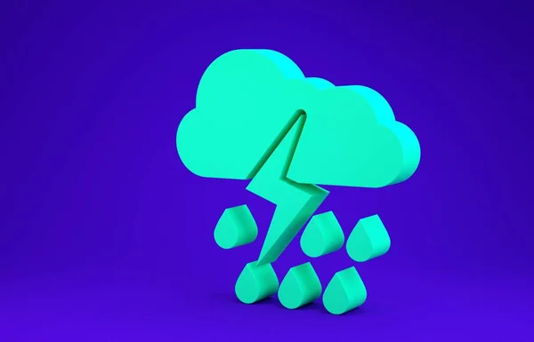 Green Cloud with rain and lightning icon isolated on blue background. Rain cloud precipitation with rain drops.Weather icon of storm. Minimalism concept. 3d illustration 3D render — Stock Photo, Image