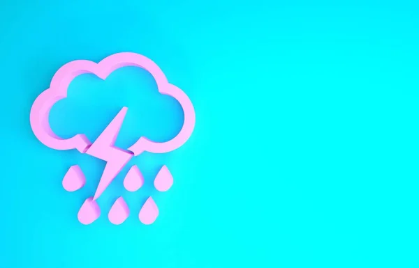 Pink Cloud with rain and lightning icon isolated on blue background. Rain cloud precipitation with rain drops.Weather icon of storm. Minimalism concept. 3d illustration 3D render — Stock Photo, Image