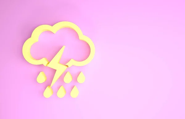 Yellow Cloud with rain and lightning icon isolated on pink background. Rain cloud precipitation with rain drops.Weather icon of storm. Minimalism concept. 3d illustration 3D render — Stock Photo, Image