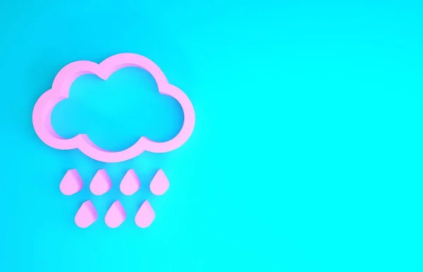 Pink Cloud met regenpictogram geïsoleerd op blauwe achtergrond. Regenwolk neerslag met regendruppels. Minimalisme concept. 3d illustratie 3d renderen — Stockfoto